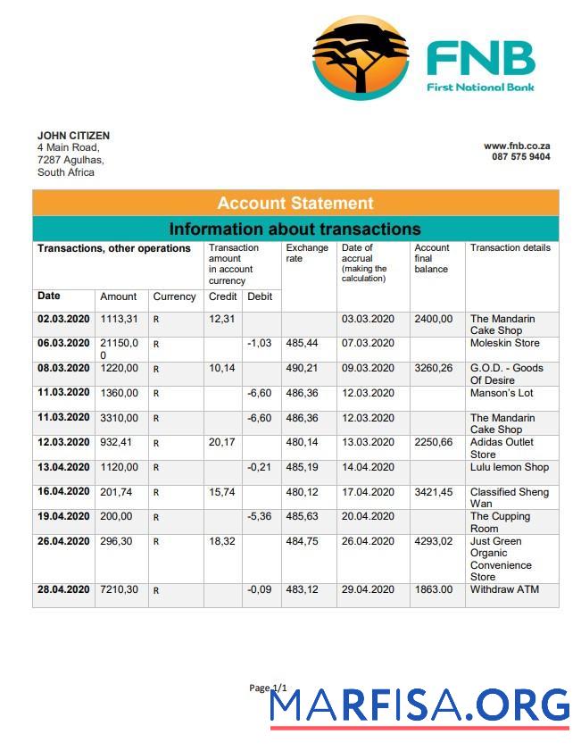 Realistic South Africa First National bank (FNB) proof of address statement word real example